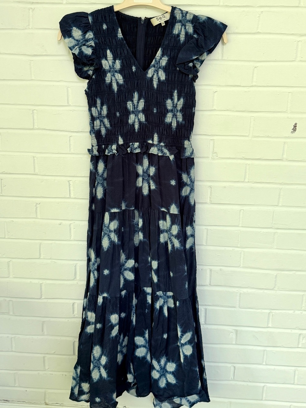 Sea New York Indigo Tie Dye Smocked Midi Dress w/ Pockets NWOT Size 00